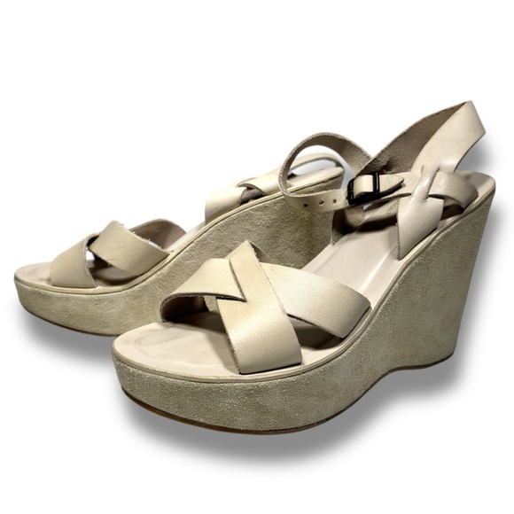 Kork-Ease Ava Classic Platform Wedge Sandals Off White Leather & Suede Size 8 - Picture 1 of 12